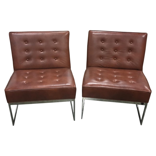 leather chrome brown accent chairs pair
