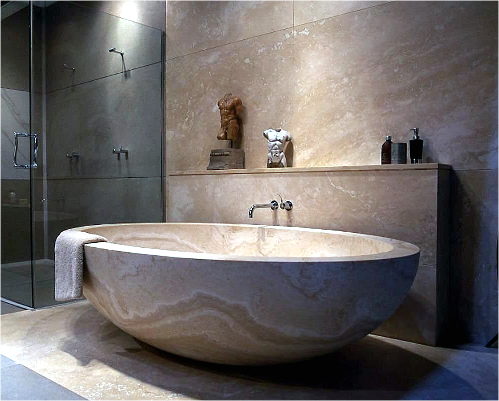 modern bathtubs made of wood and stone