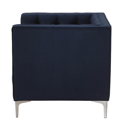 modern navy blue upholstered button tufted accent club arm chair with metal legs