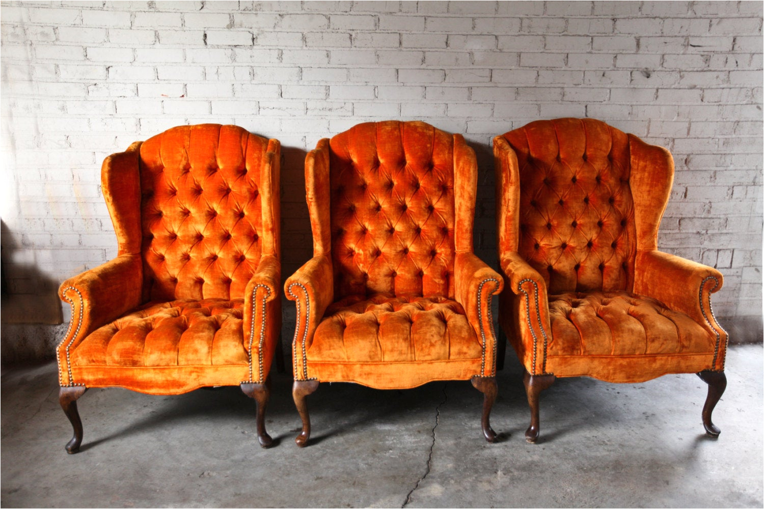 3 vintage orange velvet tufted wingback