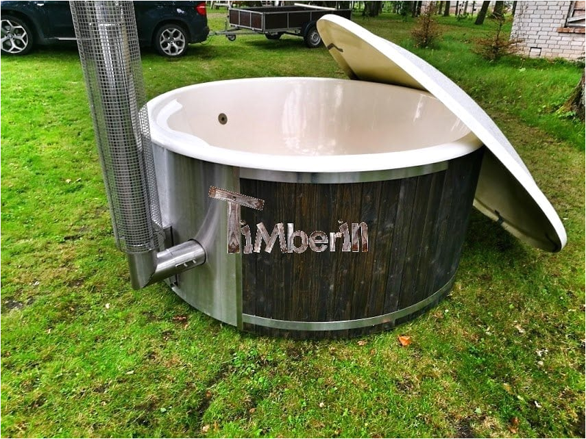 fiberglass lined outdoor hot tub integrated heater with wood staining