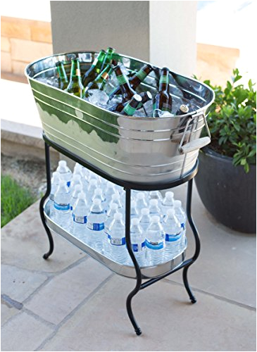birdrock home stainless steel beverage tub with stand oval bottom tray party drink holder wooden handles outdoor or indoor use free standing