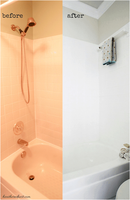 Painted Bathtub before and after the Cover Up Painting Tiles with A Rust Oleum touch Up