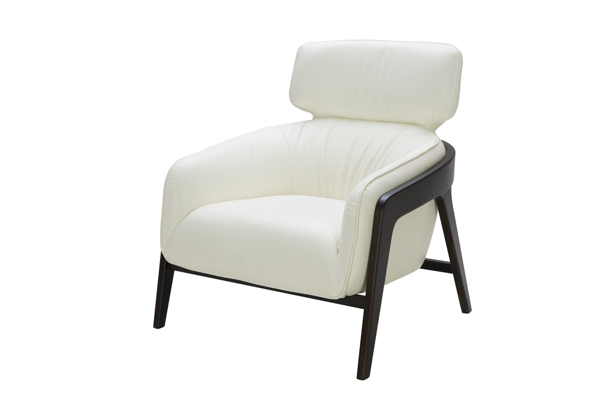 modern white leather accent chair with dark wood legs p 6562