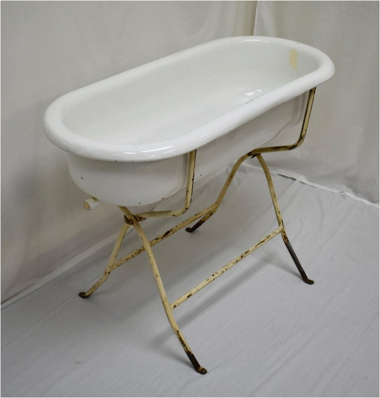 Porcelain Baby Bathtub with Stand Vintage Porcelain Enamel Baby Bath On Folding Stand at 1stdibs