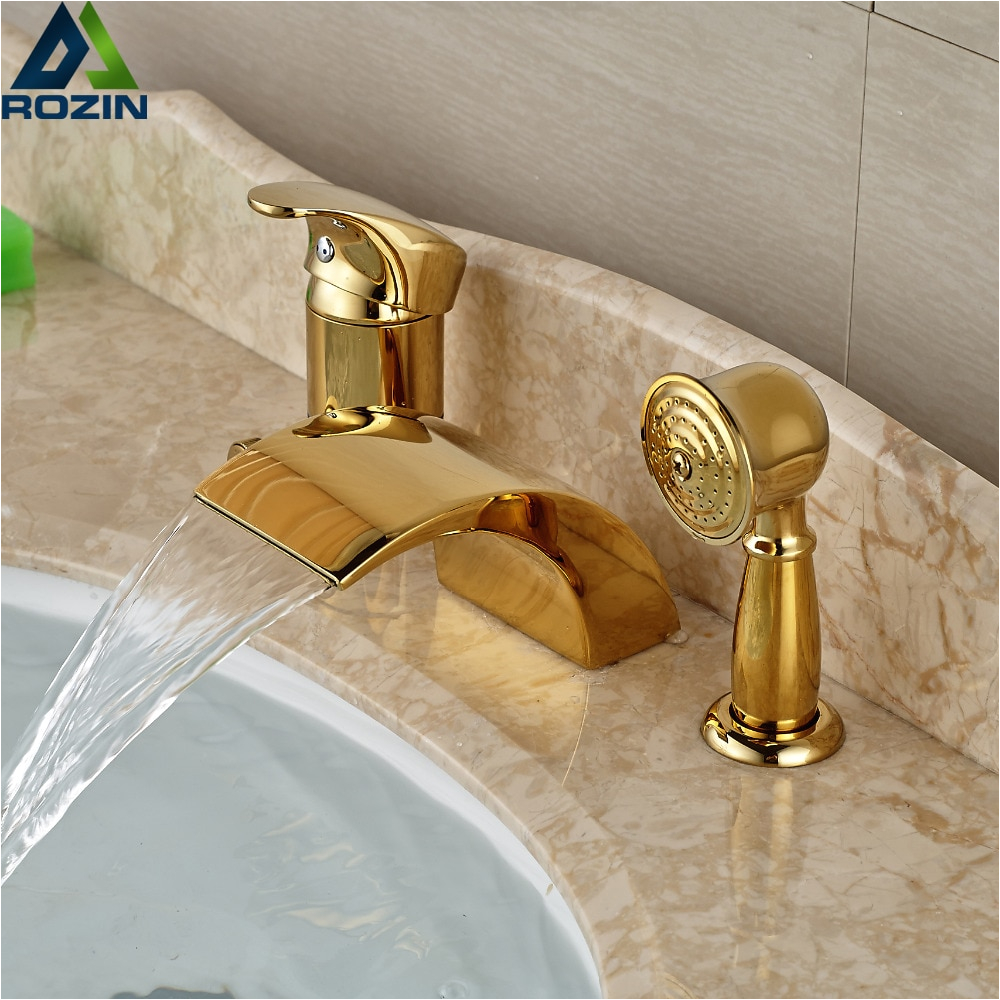Good Quality Waterfall Roman Bathtub Mixer Faucet Single Handle Golden Widespread Water Tap with Brass Handshower