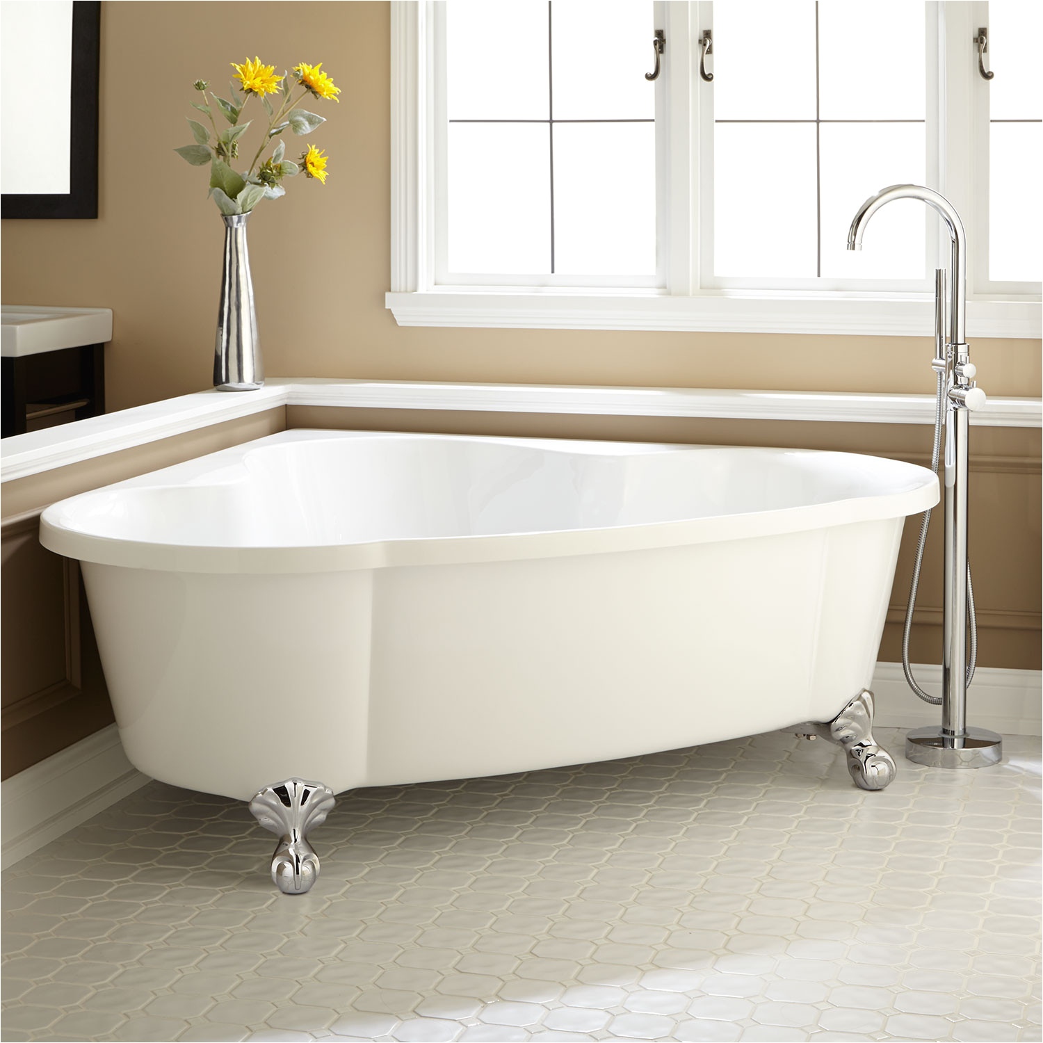 71 talia acrylic corner tub on feet chrome modern ball feet no tap holes