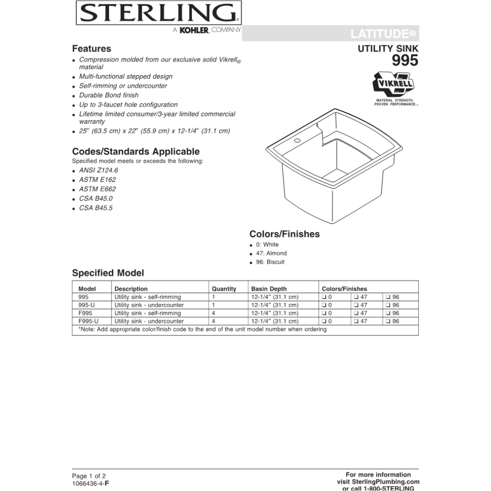 Sterling Vikrell 995-0 Sterling 995 96 Latitude Biscuit Single Bowl Laundry