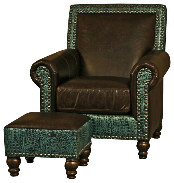Western Brown and Turquoise Leather Nailhead Arm Chair armchairs and accent chairs