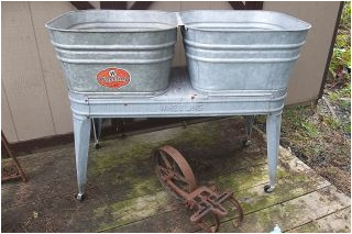 Vintage Double Galvanized Washtub Wash Tub Stand Planter Cooler Garden
