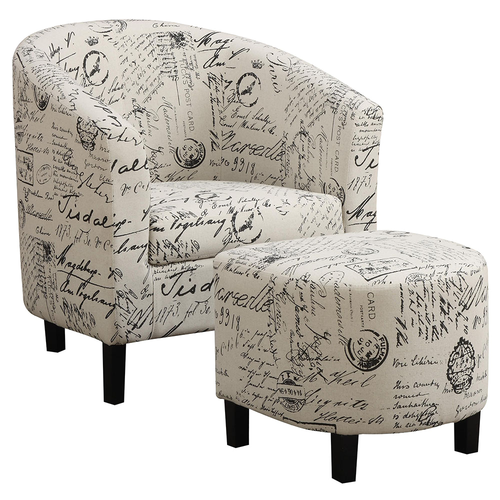 coaster off white fabric accent chair with ottoman with script pattern