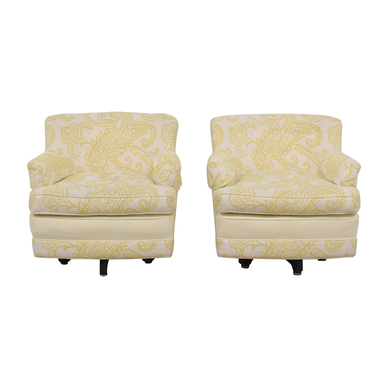 second hand mid century yellow and white swivel chairs