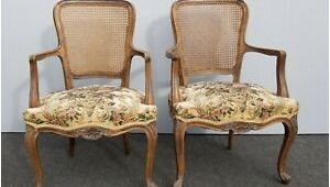 Antique White Accent Chair Pair Vintage French Provincial Country White Floral Cane