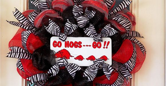 Arkansas Razorback Decor Arkansas Razorback Wreath Made with Deco Mesh Zebra Ribbon Go Hogs