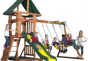 Backyard Discovery Monticello Kids Playset Roomy Step Ladder Upper Deck Belt Swing Canopy Rock