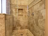 Bathroom Travertine Tile Design Ideas No Curb Walk In Master Shower Travertine Tile and Recycled Glass