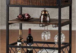 Black Bar Cart with Wine Rack Rustic Rolling Wine Serving Cart Bar Portable Utility Table Brown