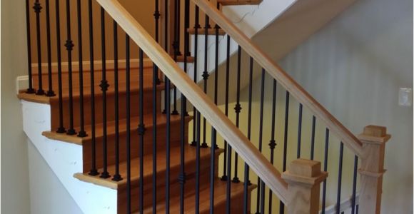 Cast Iron Decorative Spindles Stair Railings with Black Wrought Iron Balusters and Oak Boxed Type