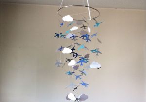 Crib Mobile with Lights Baby Travel Airplanes and Clouds Hanging Paper Mobile Blue White