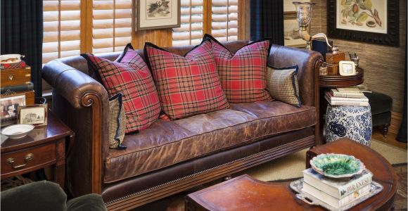 Early American Plaid sofas Classic Brown Leather sofa Settee with Single Seat Cushion and