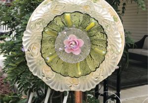 Garden Whimsies Yard Art Vintage Repurposed Glass and Ceramic Flower Yard Art with Purple