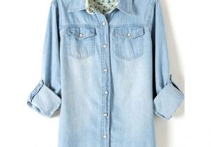 Light Blue button Up Shirt Womens Boyfriend Trends Jean Swish Bleached Denim Blouse Products