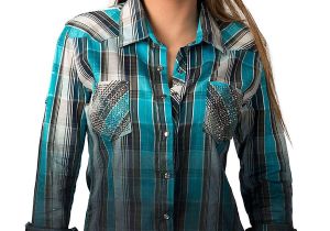 Light Blue button Up Shirt Womens Rock Roll Cowgirl Womens Blue Teal Olive and Ivory Plaid with