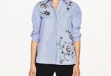 Light Blue button Up Shirt Womens Trendy Striped Floral Embroidery Blouse Women Turn Down Collar Long