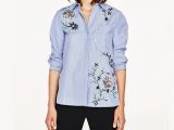 Light Blue button Up Shirt Womens Trendy Striped Floral Embroidery Blouse Women Turn Down Collar Long