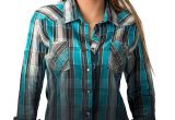 Light Blue Long Sleeve Shirt Womens Rock Roll Cowgirl Womens Blue Teal Olive and Ivory Plaid with