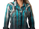 Light Blue Long Sleeve Shirt Womens Rock Roll Cowgirl Womens Blue Teal Olive and Ivory Plaid with