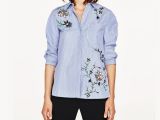 Light Blue Long Sleeve Shirt Womens Trendy Striped Floral Embroidery Blouse Women Turn Down Collar Long