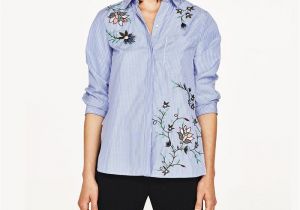 Light Blue Long Sleeve Shirt Womens Trendy Striped Floral Embroidery Blouse Women Turn Down Collar Long