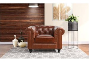 Light Brown Leather Accent Chair Classic Chesterfield Scroll Arm Tufted Leather Accent
