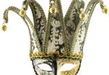 Party City Mardi Gras Decorations Black Gold Venetian Jester Mask with Brocade Fabric Crown Jester