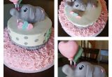 Pink and Gray Elephant Baby Shower Decorations 2 Tier Baby Shower Cake with Sculpted Baby Elephant and Balloons