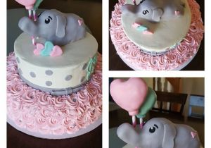 Pink and Gray Elephant Baby Shower Decorations 2 Tier Baby Shower Cake with Sculpted Baby Elephant and Balloons