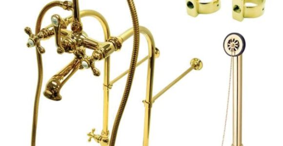 Polished Brass Shower Fixtures Vintage Freestanding Clawfoot Tub Faucet Package with Metal Cross