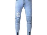 Ripped Jeans for Men Light Blue 2018 Fashion Mens Straight Slim Fit Hole Biker Jeans Light Colored