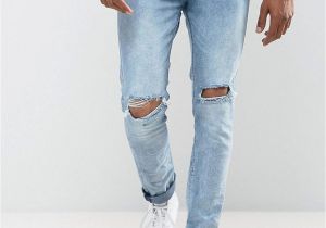 Ripped Jeans for Men Light Blue Bershka Skinny Jeans with Knee Rips In Light Blue Wash Products