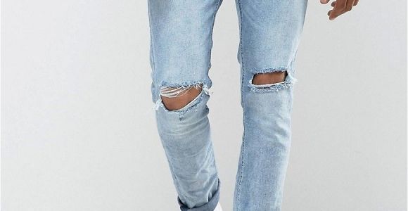 Ripped Jeans for Men Light Blue Bershka Skinny Jeans with Knee Rips In Light Blue Wash Products