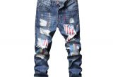 Ripped Jeans for Men Light Blue Straight American Flag Pattern Patched Slim Fit Denim Pants for Men