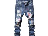 Ripped Jeans for Men Light Blue Straight American Flag Pattern Patched Slim Fit Denim Pants for Men