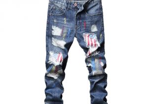Ripped Jeans for Men Light Blue Straight American Flag Pattern Patched Slim Fit Denim Pants for Men