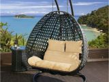 Teardrop Swing Chair Rattan Black Rattan Two Person Hanging Chair with Beige Cushion Covers