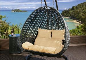 Teardrop Swing Chair Rattan Black Rattan Two Person Hanging Chair with Beige Cushion Covers