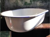 Vintage Enamel Baby Bathtub Enamelware Baby Bathtub Heavy White Enamel with Blue Edge